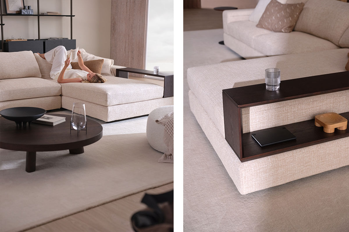 Bright, sunlit living room scenes in light neutral tones, featuring Scandinavian-inspired décor and beige sofas.