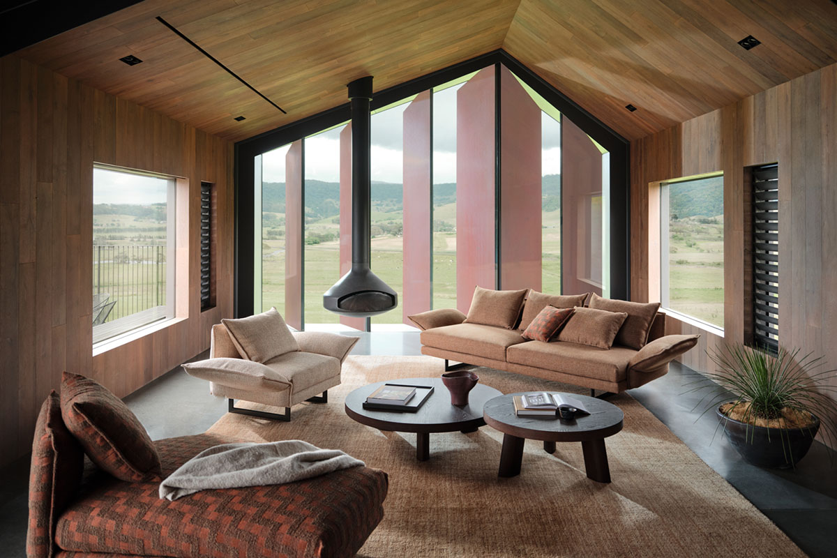 Farmhouse style living room styled with contemporary furniture.