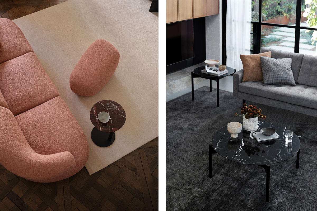 Two images side by side featuring a modern pink sofa and and a black marble coffee table.