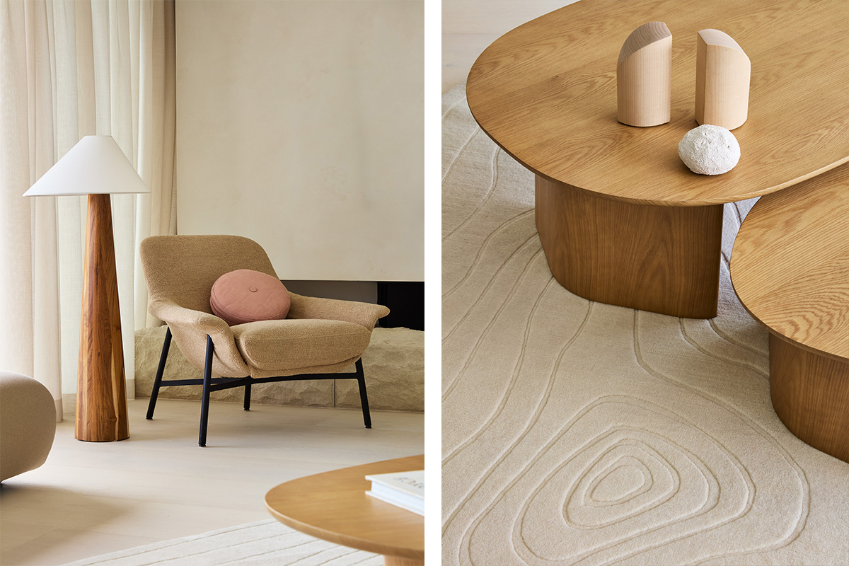 Two interior views: A sculptural armchair styled beside a wooden floor lamp, and curved timber coffee tables placed on a textured neutral rug.