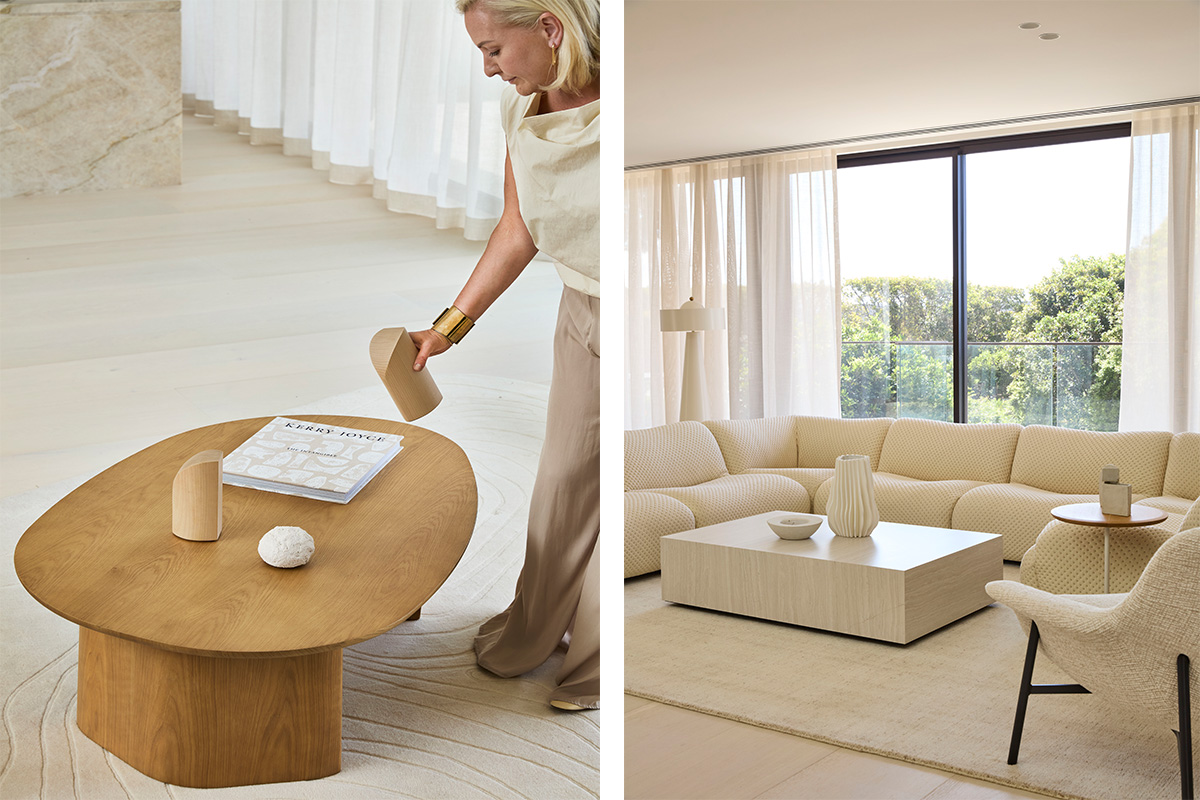 Lara arranges sculptural decorative objects on a timber coffee table, beside an image of a sunlit living space with a large cream modular sofa and minimalist tables.
