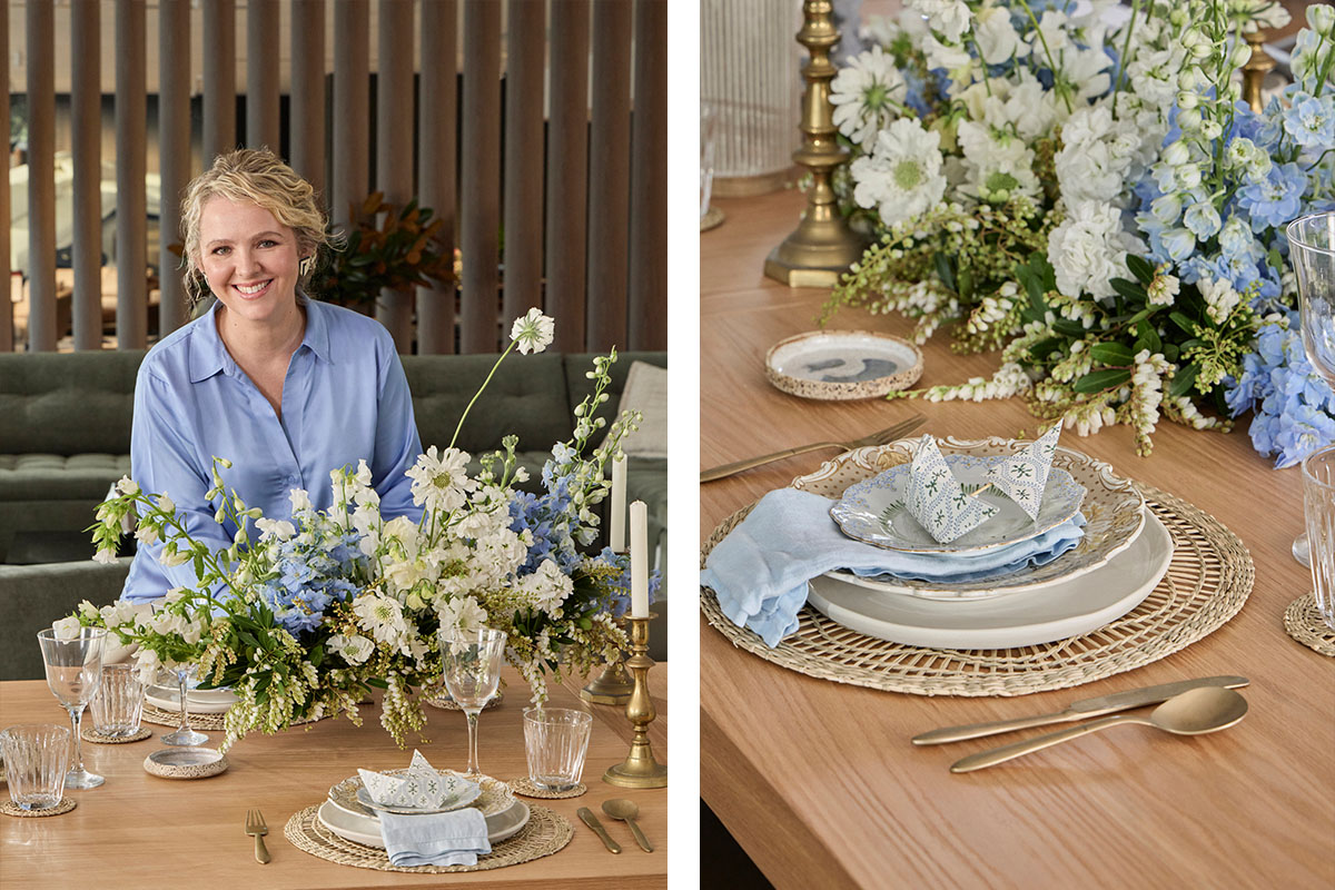 A natural oak extendable dining table seating 6-10, styled with coastal décor and delicate blue and white florals.