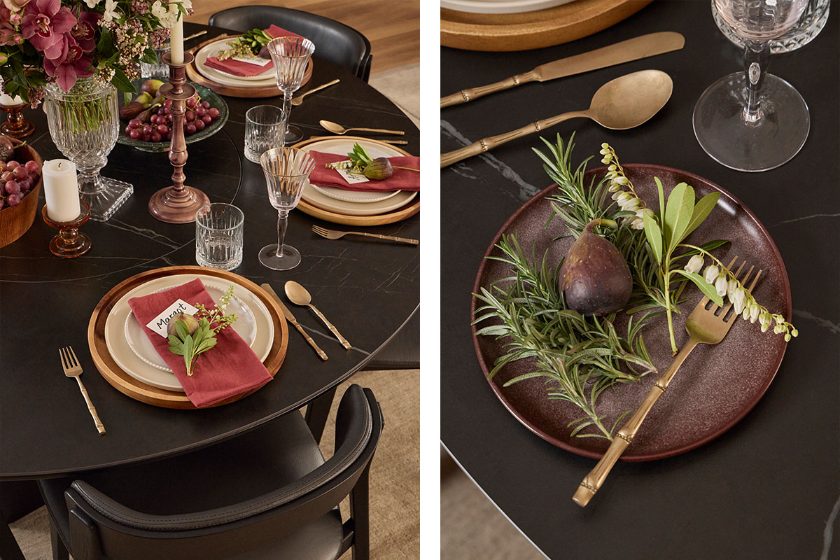 A dark timber, round dining table with Lazy Susan, styled with deep burgundy, crimson and gold tableware and décor.
