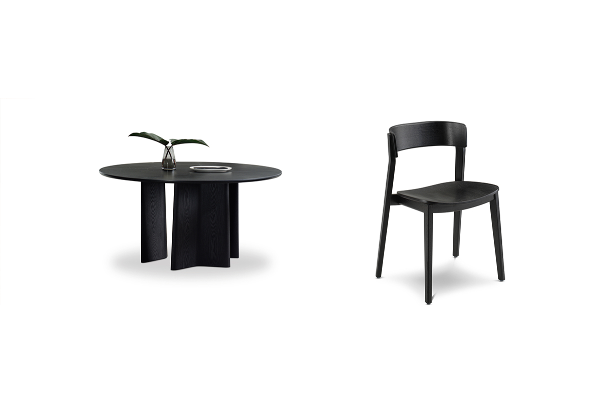 The Issho Dining Table and Amara Dining Chairs in Onyx.