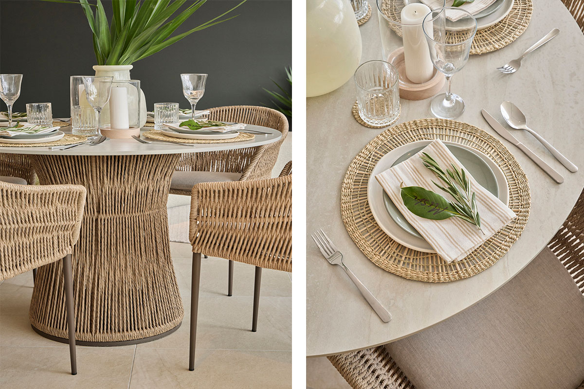Three images of an earthy table setting in a small dining space, featuring a woven outdoor table and dining chairs.