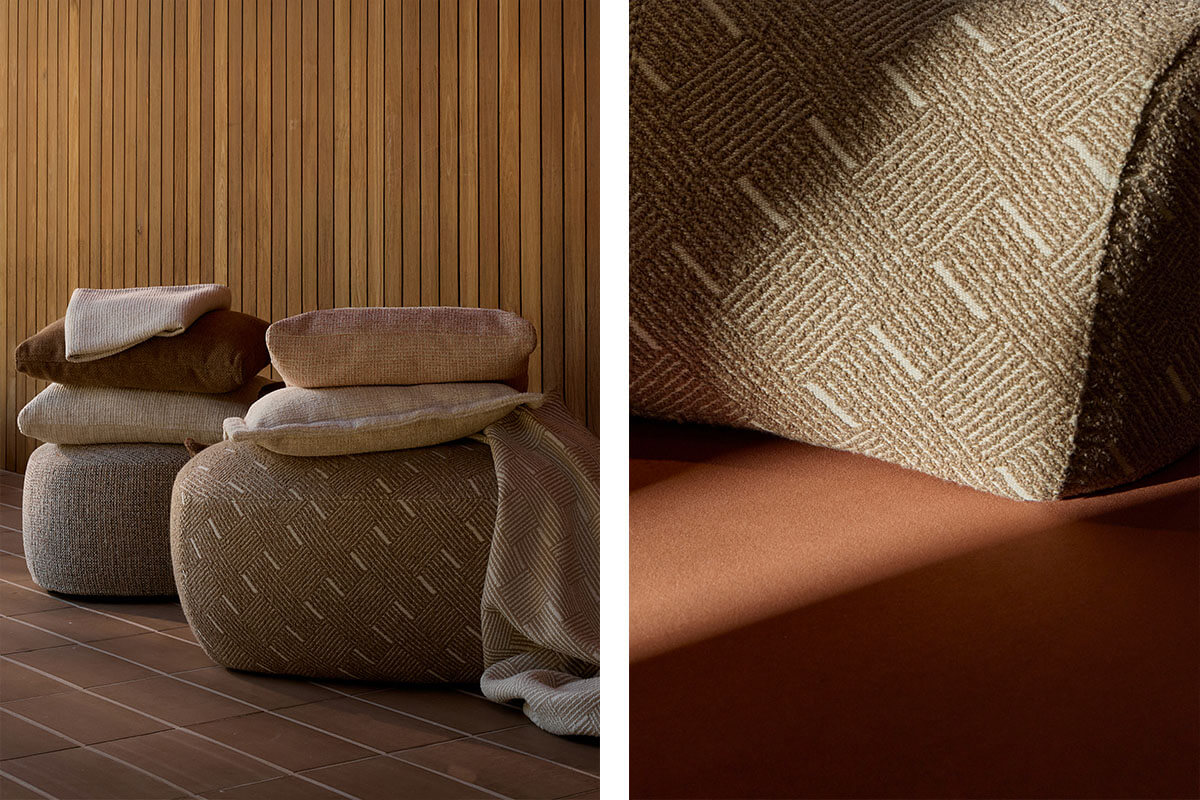 Collage of neutral woven fabrics with geometric patterns in sand, rust and charcoal tones styled on King Living ottomans.