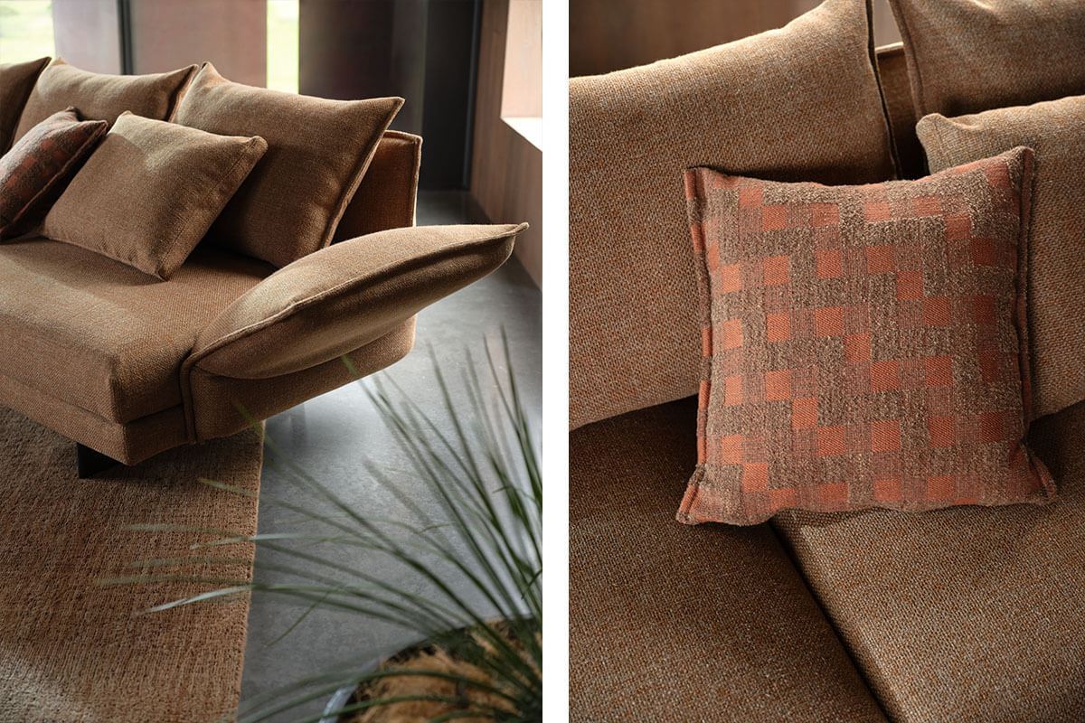 Above: close-up of sand woven fabric sofa seat. Below: warm brown sofa with rust patterned cushion.
