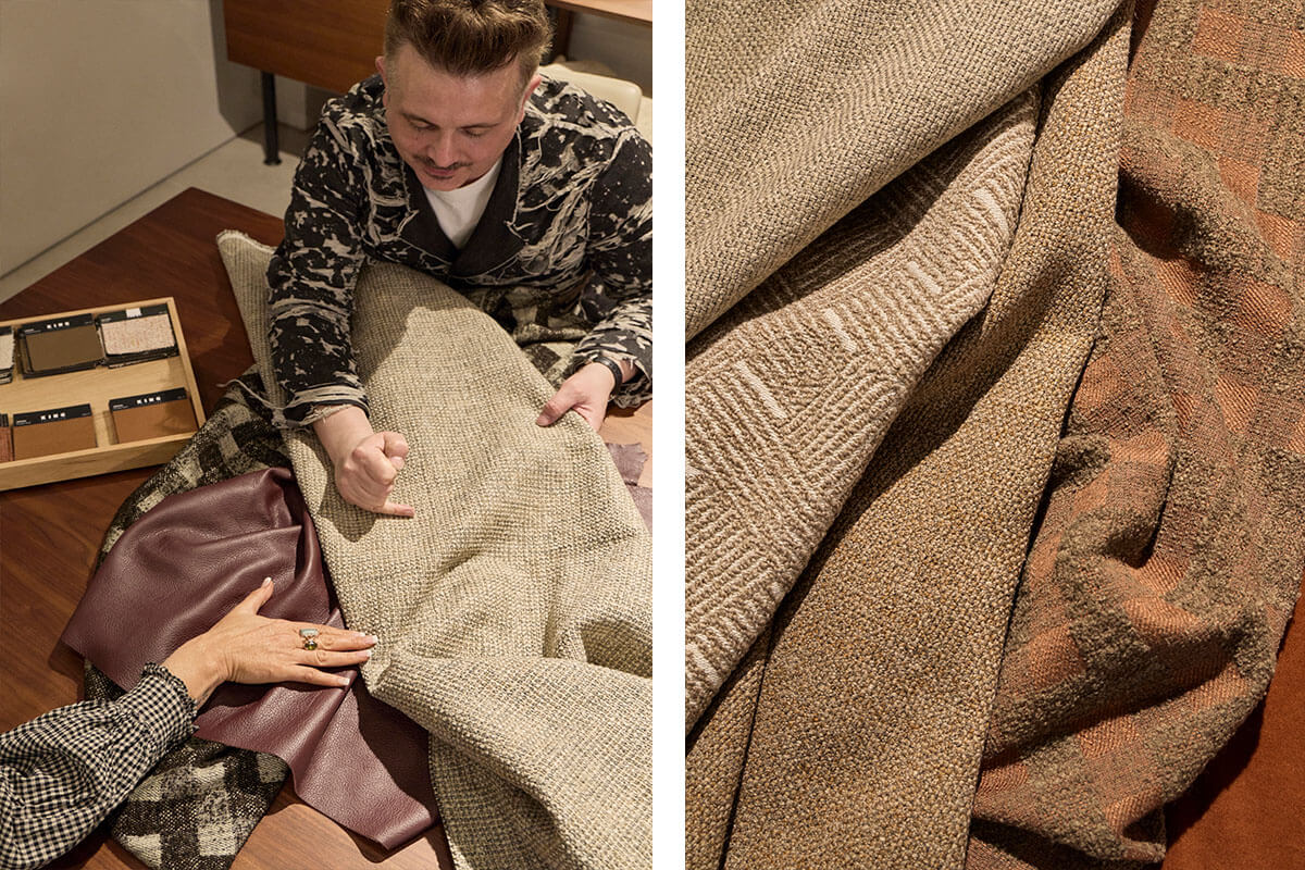 Modular sofa in sand woven fabric, layered cushions in a warm living room (above). Neutral and rust fabric swatches (below).