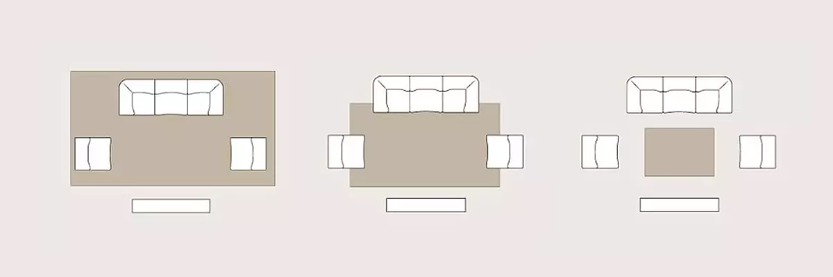 Three line drawings of sofa and armchair placement: All furniture on the rug, partially on the rug and off the rug.