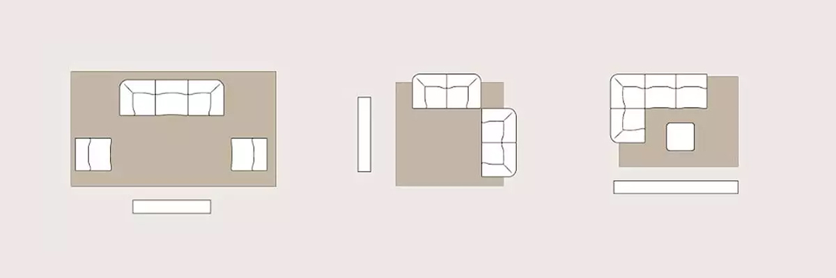 Three side-by-side line drawings of modular sofa placements, positioned on or around a rug.