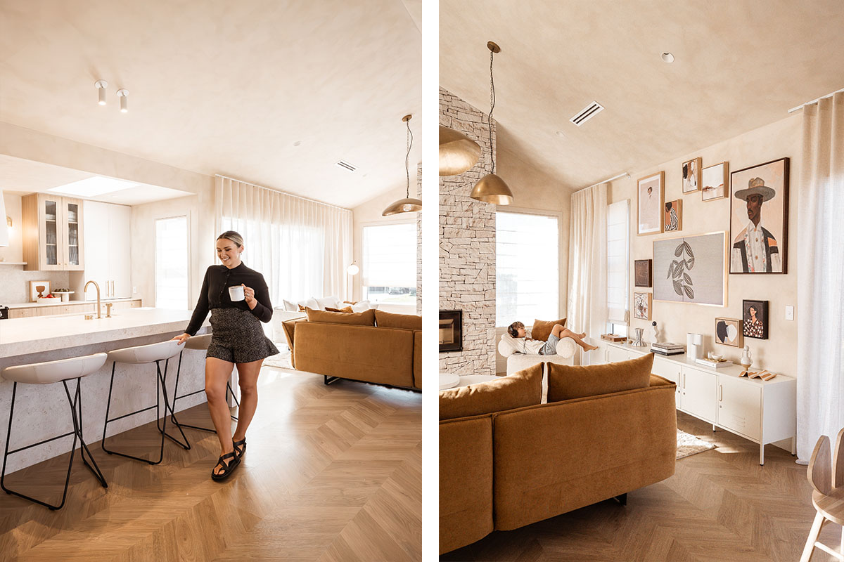 Sarah Pickersgill-Brown in her open-plan kitchen, living and dining space, with carefully arranged artwork and warm-toned furniture.