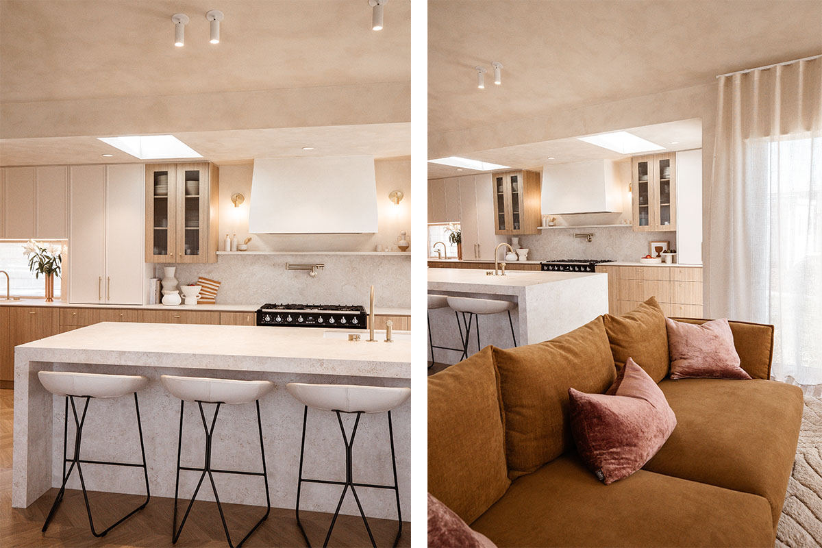 Two images showcasing a cohesive, open plan living and dining space, featuring white leather counter stools, a marble kitchen island and a tobacco-toned sofa with blush cushion accents.