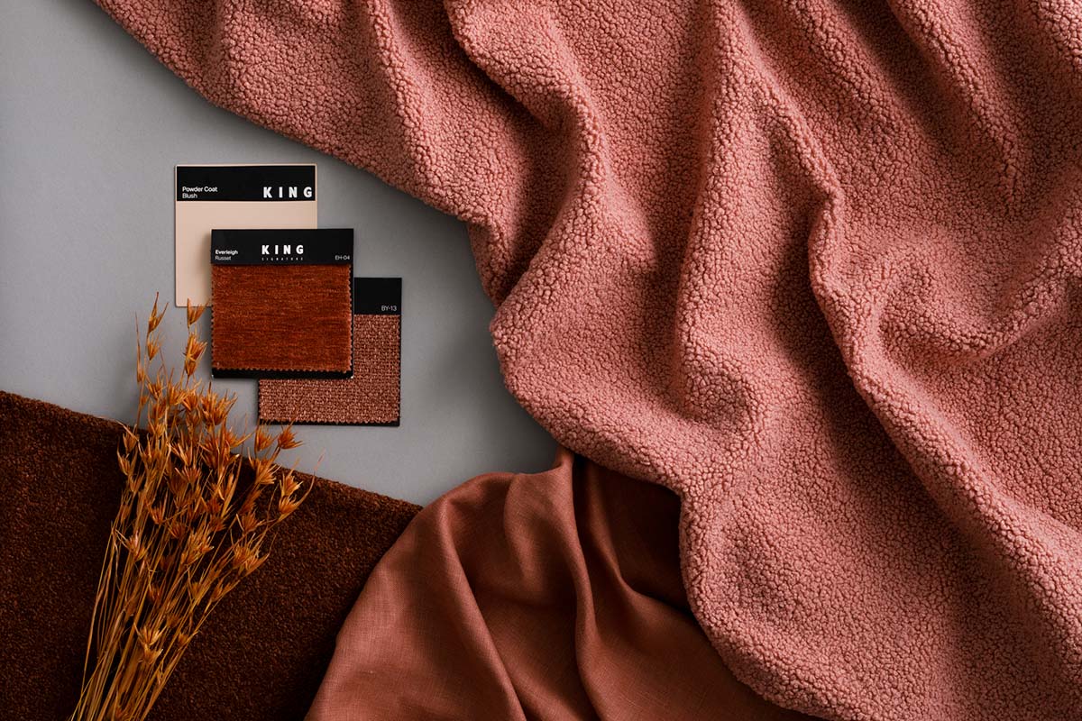 Three flat lays showing fabric and leather swatches in blush, rust, neutrals, tans, and sage green tones with layered woven textures.