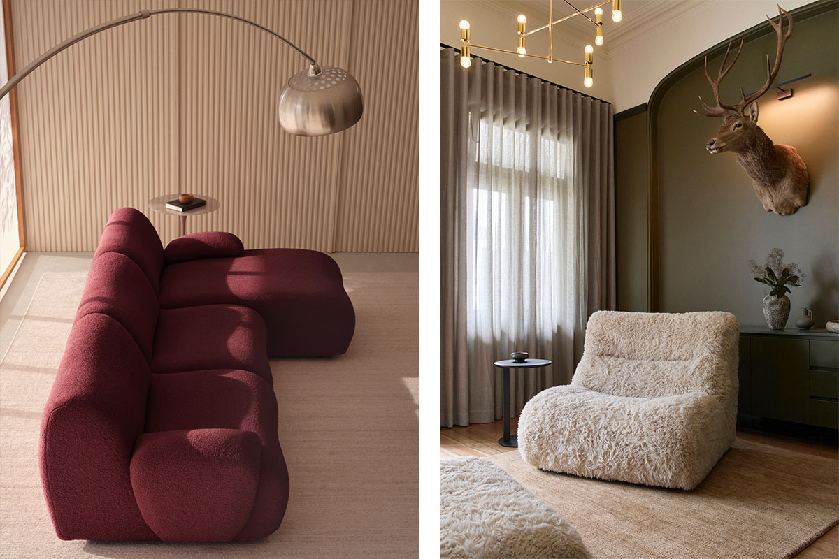 A modular sofa in a deep merlot fabric with a gold pendant light (left). A high back chair and ottoman in cream faux fur fabric in a festive living space (right).