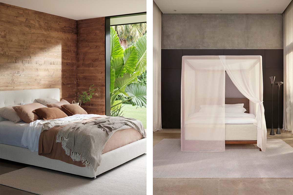 Two modern, summer bedrooms. Blush, taupe, rust bedding styled casually with lush greenery outdoors (left). A grand fourposter bed with ethereal canopy and sheer drapery (right).