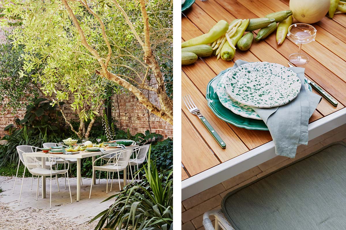 A Mediterranean-inspired outdoor dining setting, with a teak dining table styled seasonally for summer with fresh and coastal décor.