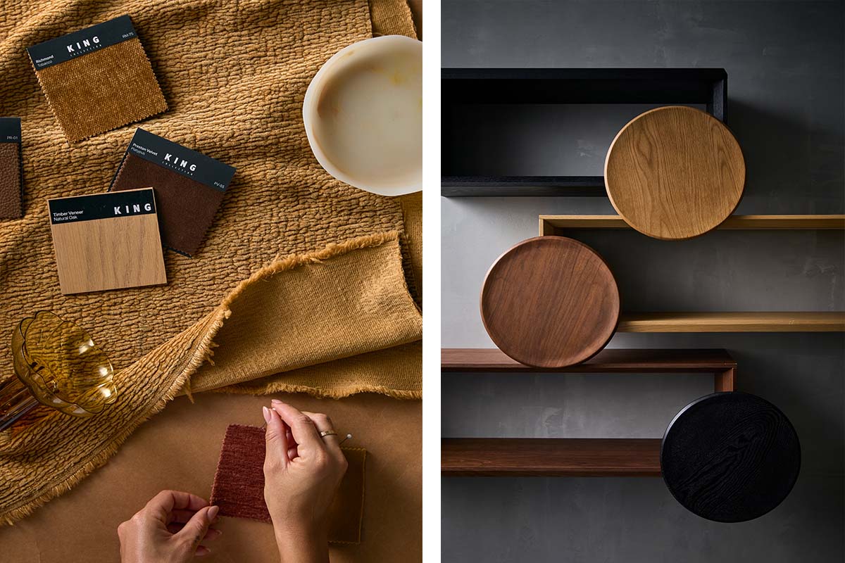 Three flat lays of fabrics, leathers and timber in autumnal hues: burnt orange, deep chocolate brown, warm caramel, golden ochre, mustard, warm oaks, walnuts and black.