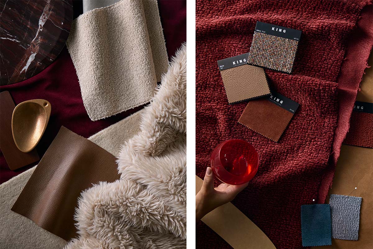 Three flat lays of fabrics, leathers and finishes in winter hues: navy blues, deep crimsons, warm browns, cool-toned neutrals with accents of tinted glass, metal and ceramics.